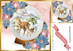 pretty snow dome woth deer and corner roses with poinsettias 8x8