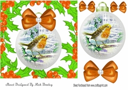 Robin in a snow bauble with orange bows in holly frame 7x7