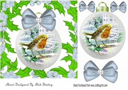 Robin in a snow bauble with silver bows in holly frame 7x7