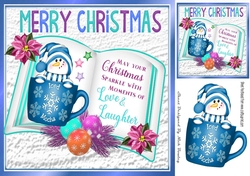 open book with verse, penguin in a cup with poinsettias 8x8