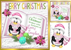 open book with verse, penguin in a scarf with pink poinsettias 8x8
