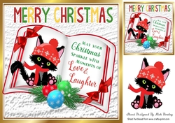 open book with verse and a cute black kitten in red hat 8x8
