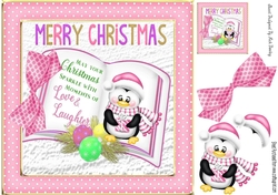 Pink polkadot frame with open book and penguin 8x8