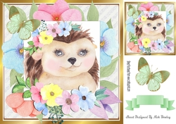 sweet water colour hedgehog in flower frame with butterfly 8x8