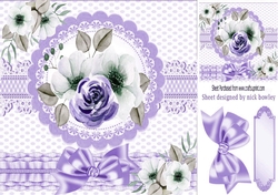 Pretty water colour flowers with border and purple  bow 8x8