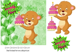 cute teddy bear with birthday cake and green ballooons 7x7