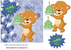 cute teddy bear with birthday cake and blue ballooons 7x7