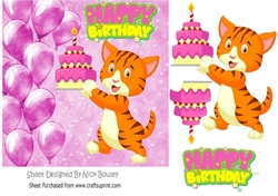 cute tiger with birthday cake and pink ballooons 7x7