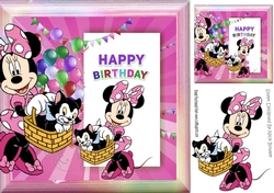 Cute Minnie in pink with kitty in Rainbow frame with balloons 8x8