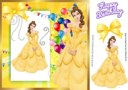 pretty princess belle in gown with yellow bow & balloons 8x8