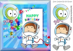 Spaceboy with Alien in rainbowbow frame with balloons 8x8