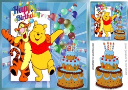 Happy pair pooh & tigger with balloons and yummy blue birthday cake 8x8
