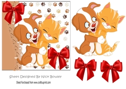Puppy and kitty cuddles with red bows 7x7