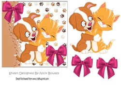 Puppy and kitty cuddles with pink bows 7x7