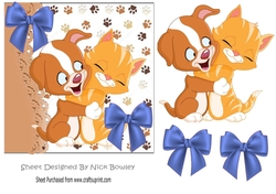 Puppy and kitty cuddles with blue bows 7x7