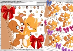 4 cute puppies and kittens cuddling with bows 7x7 card fronts mini kit