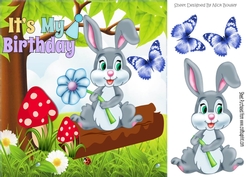 Cute bunny holding a flower on a log 8x8