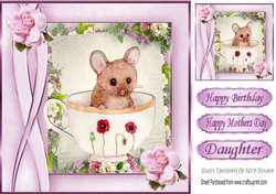 cute little water colour mouse in teacup with roses 8x8