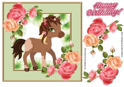 Cute brown pony with pink roses