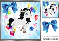 Little grey pony with balloons and blue bow 8x8
