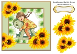Cute little girl on a rocking horse with yellow sunflowers 7x7
