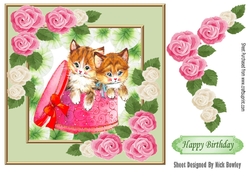 Cute kittens in hat box with pink/white roses 7x7