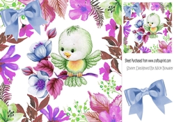 Sweet little green bird on a branch in flower frame 8x8