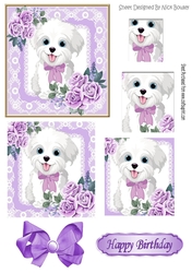 Cute white puppy in lace frame with bow, pyramids