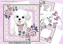 Cute white puppy in lace 8x8 frame with roses mini kit (pink)