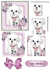 Cute white puppy in lace frame with  bow, pyramids (pink)