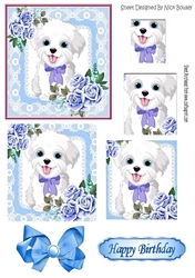 Cute white puppy in lace frame with  bow, pyramids (blue)