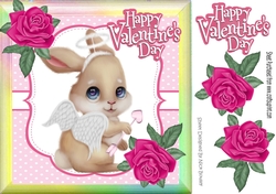 Cute valentine bunny with pink roses in rainbow frame 8x8