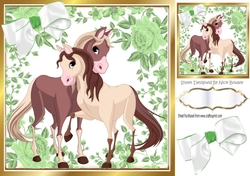 Lovely cuddling horses in rose frame 8x8