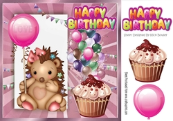 Cute hedgehog with pink balloon and birthday cake 8x8