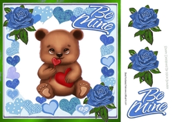 Cute little brown valentine bear with blue roses and hearts 8x8