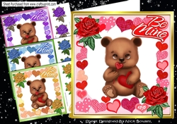 4 little brown valentine bears with roses and hearts card fronts 8x8 mini kit