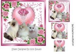 Cute kitten on lace pink heart with roses/dec 7x7