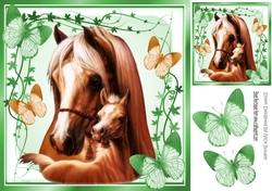 Lovely mum and baby foal with green butterflies 8x8