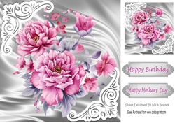 Pretty satin and ornate corners in silver card front with pink peonies 8x8
