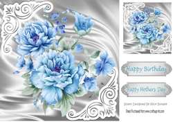 Pretty satin and ornate corners in silver card front with blue peonies 8x8