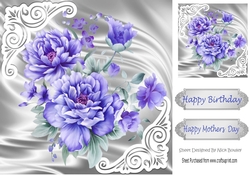 Pretty satin and ornate corners in silver card front with purple peonies 8x8