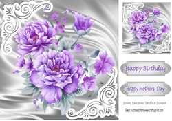 Pretty satin and ornate corners in silver card front with lilac peonies 8x8