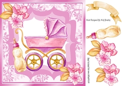Pretty leaf and ornate frame with pram/bottle and pink flowers 8x8