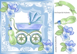 Pretty leaf and ornate frame with pram/bottle and blue flowers 8x8