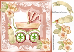 Pretty leaf and ornate frame with pram/bottle and peach flowers 8x8