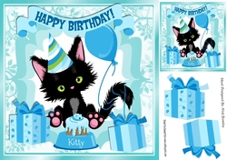Cute black kitty with blue balloon and birthday cake 8x8