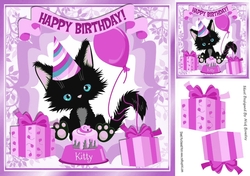 Cute black kitty with pink balloon and birthday cake 8x8