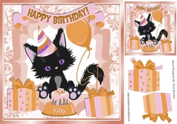 Cute black kitty with gold balloon and birthday cake 8x8