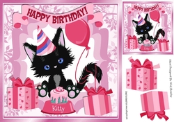Cute black kitten with a red balloon birthday cake 8x8