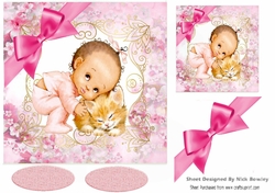 Cute Baby girl cuddling kitty with pink bow in floral frame 7x7